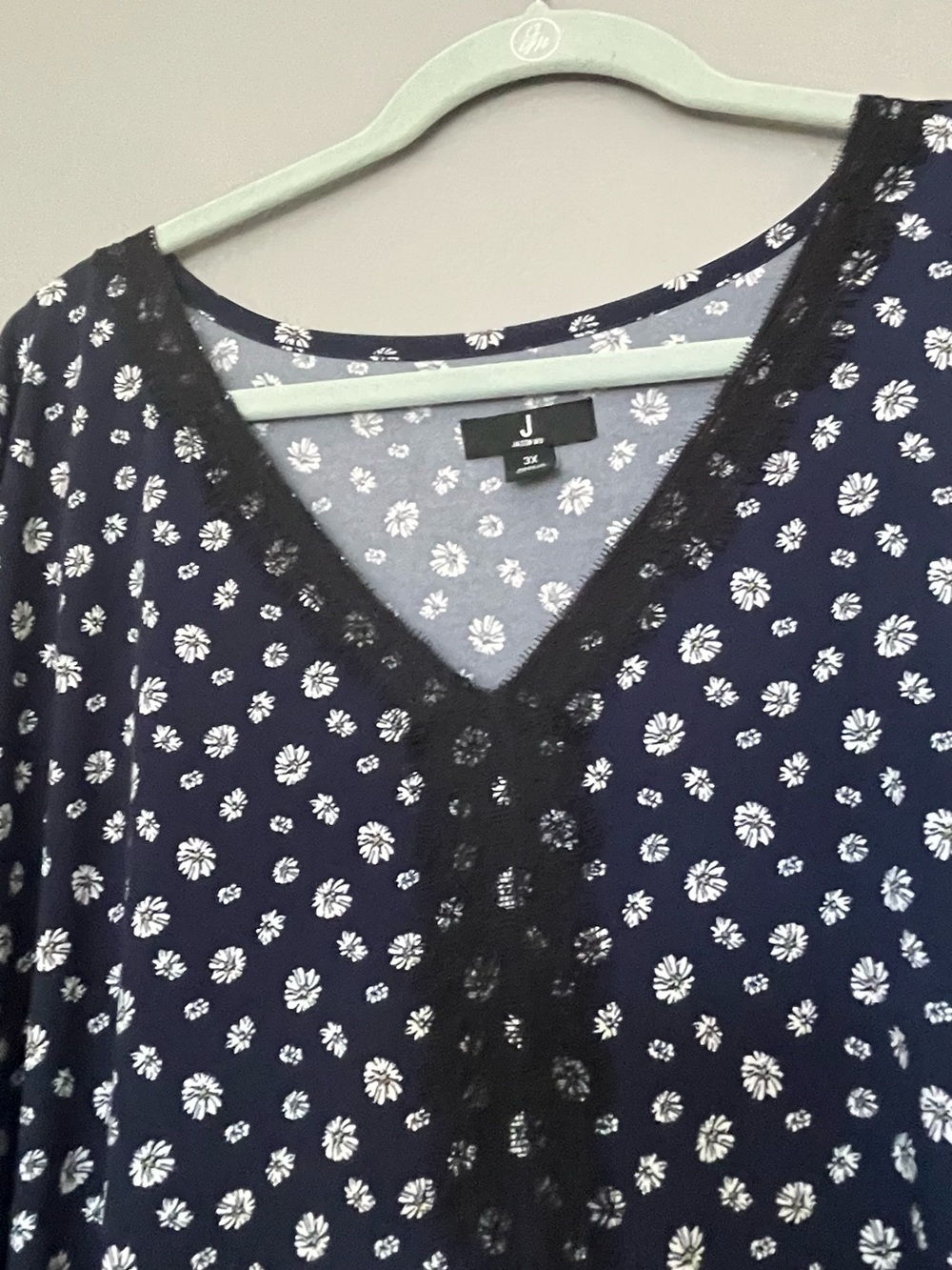Jason Wu Navy Floral V-Neck Sleep Top with Black Lace Trim